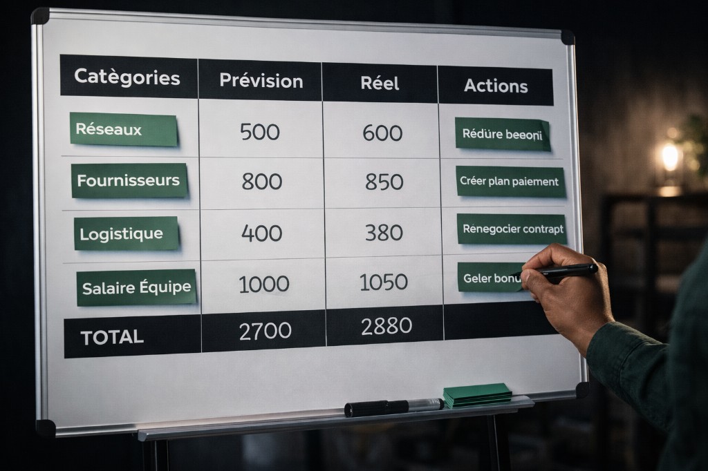 Réunion de pilotage avec KPI financiers visibles sur laptop